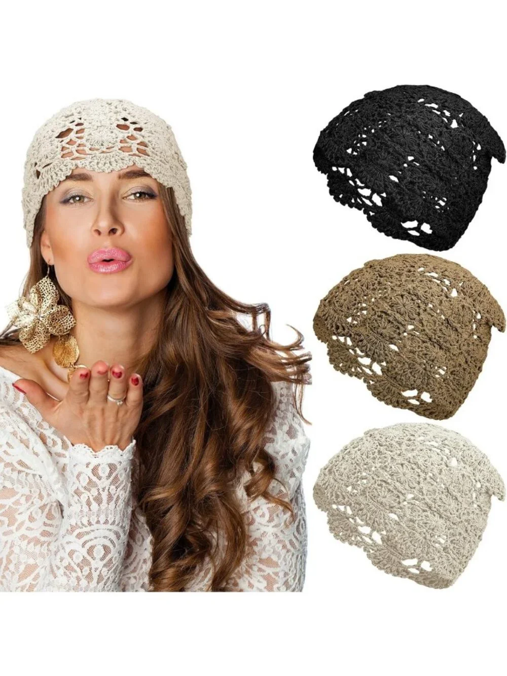 Handmade Crochet Slouchy Beanie Hat Set - Floral Knit Summer Skull Cap
